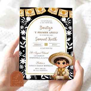 Convite Arco dourado e preto Cielito Lindo Batizado