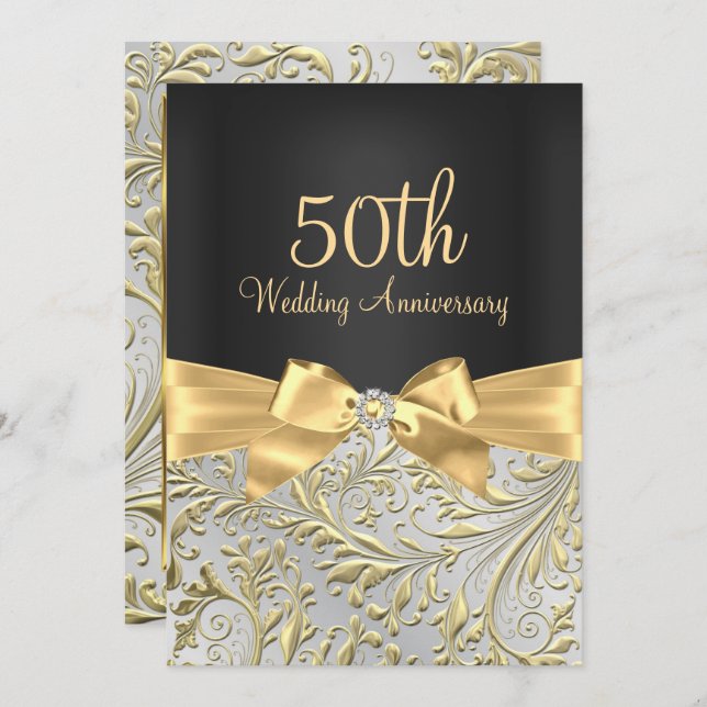 Convite Arco Dourado Elegante e espiral floral 50º anivers (Frente/Verso)