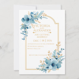 Convite Arco dourado floral em aquarela azul poeirento par