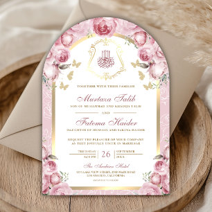 Convite Arco Dourado Floral Rosa Muslim de Casamento