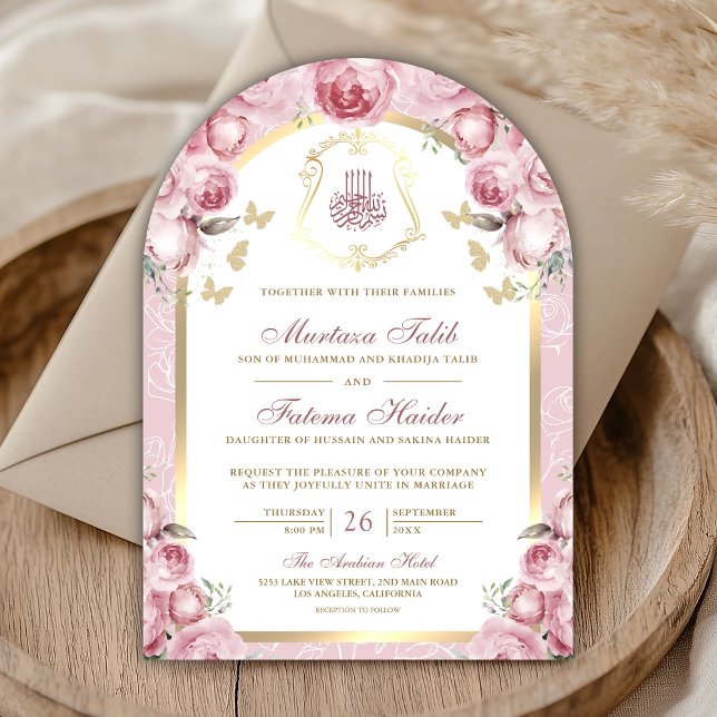 Convite Arco Dourado Floral Rosa Muslim de Casamento (Criador carregado)