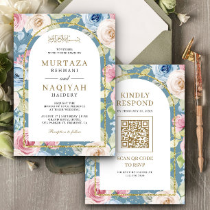 Convite Arco Dourado Floral Suave Código QR Azul Casamento