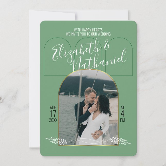 Convite Arco Dourado Fonte Boho Verde Fotos Personalizadas (Frente)