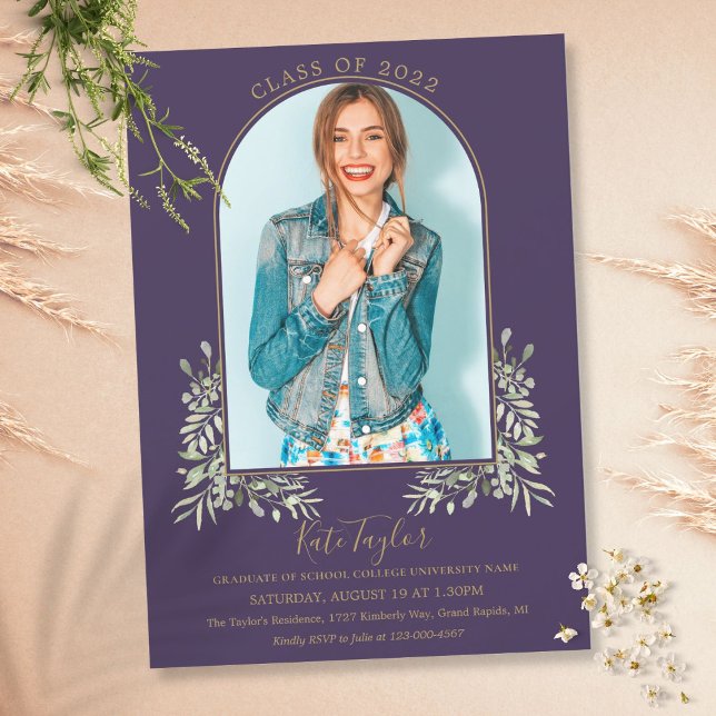 Convite Arco Dourado Foto Folhagem Roxa Formatura (Criador carregado)