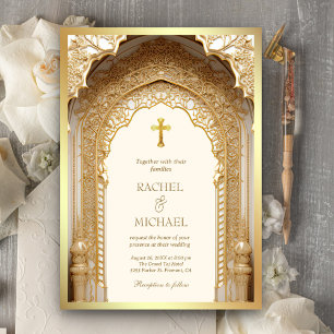 Convite Arco Dourado Real Religioso Cristão Creme Casament