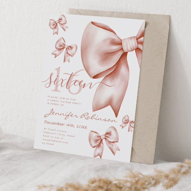 Convite Arco Dourado Rosa de coquete bonito doce 16 (Cute Coquette Rose Gold Bow Sweet 16 Invitation)