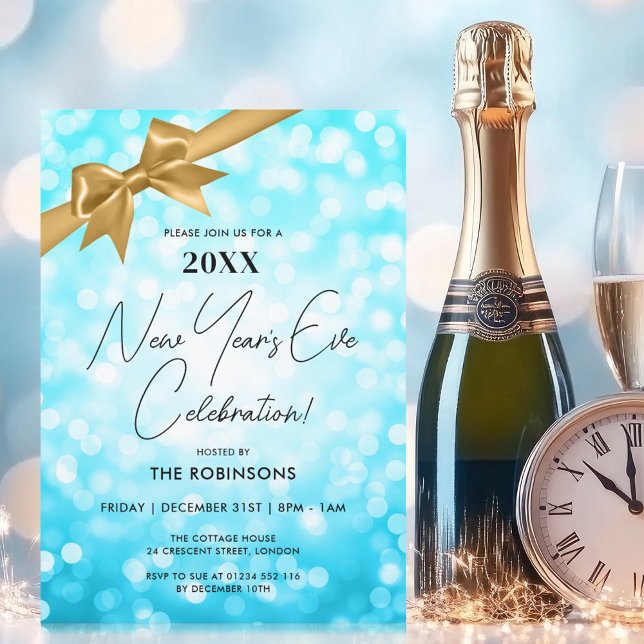 Convite Arco Dourado Turquoise Bokeh do Partido véspera de (New Years Eve Party Turquoise Bokeh Gold Bow Invitation)