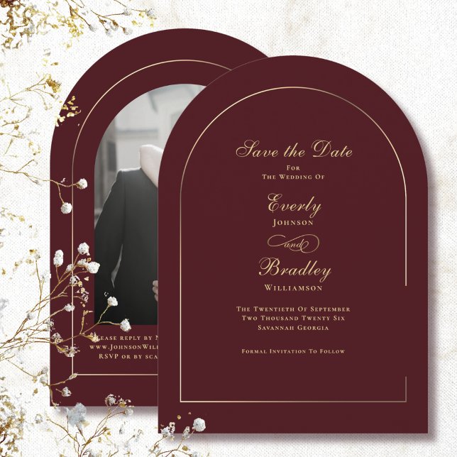 Convite Arco Dourado Vermelho Escuro Casamento Salve a Dat (Criador carregado)