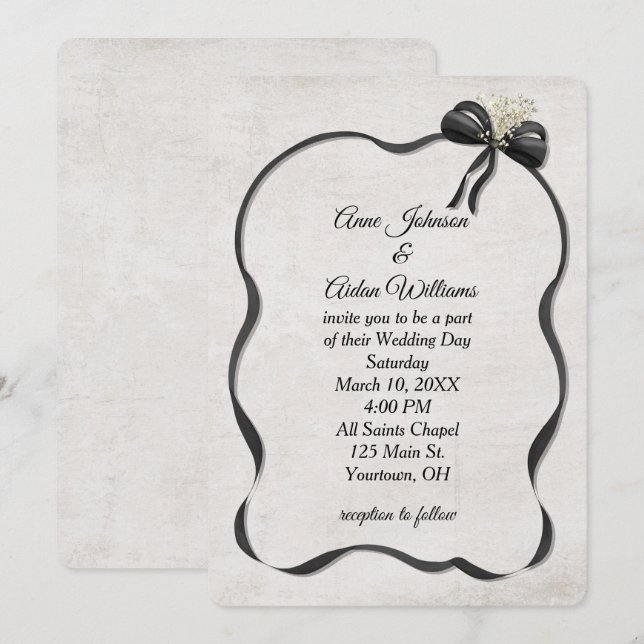 Convite Arco e Fita Preto de Casamento com Respiradouros (Frente/Verso)
