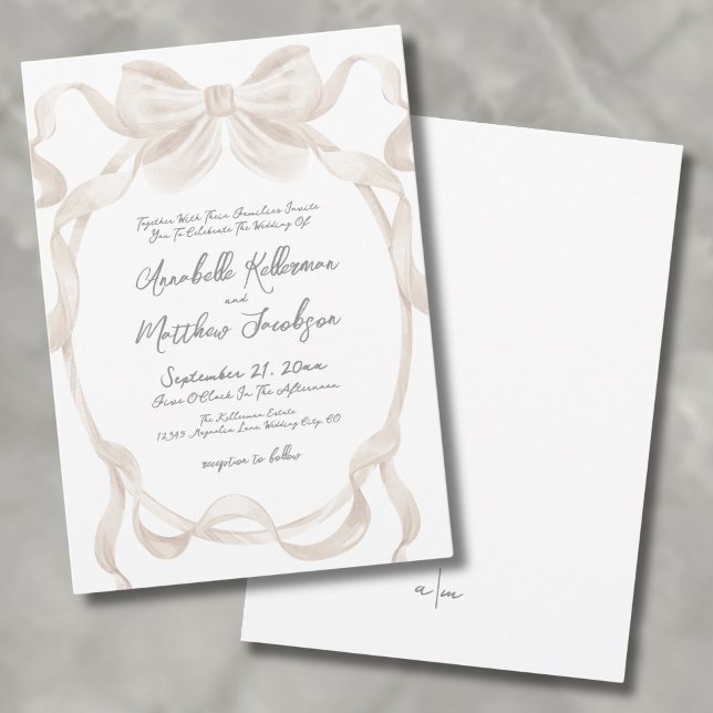 Convite Arco Elegante Casamento Caprichoso (Elegant Romantic Bow Ribbons Whimsical Wedding Invitation)