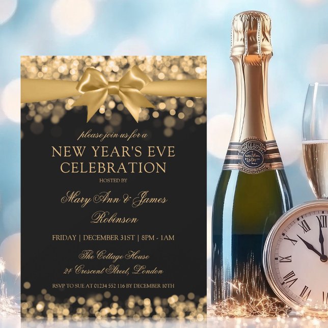 Convite Arco Elegante das luzes Douradas do Shimmer (Elegant New Years Eve Gold Shimmer Lights Bow Invitation)