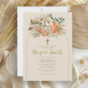 Convite Arco Elegante de Flor de Pêssego Batismo de Menina