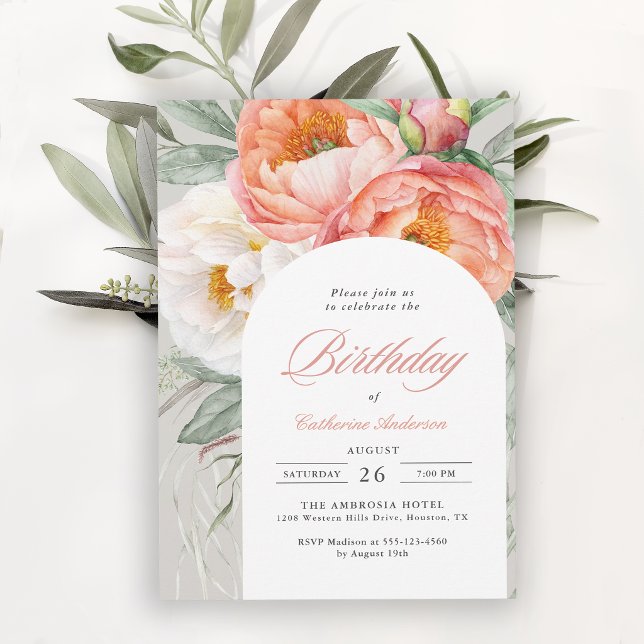 Convite Arco Elegante de Flores de Pêssego para Aniversári (Invitation may be ordered in both printed and digital formats.)