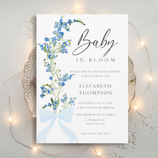Convite Arco Elegante de Flores Moles de Sangue Azul de Fl (wildflowers baby shower invitation blue bow elegant garden party romantic watercolor rustic boho)