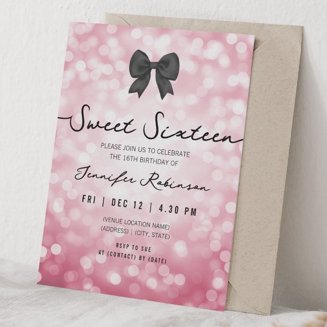 Convite Arco Elegante e Luzes Doze Anos Rosa Choque (Elegant Bow & Lights Sweet Sixteen Hot Pink Invitation)