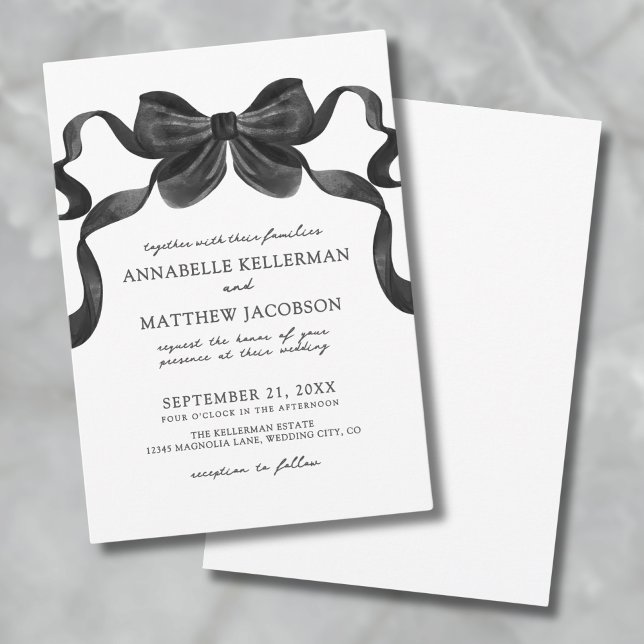 Convite Arco Elegante Preto e Branco Casamento (Elegant Ribbon Bow Black And White Wedding Invitation)