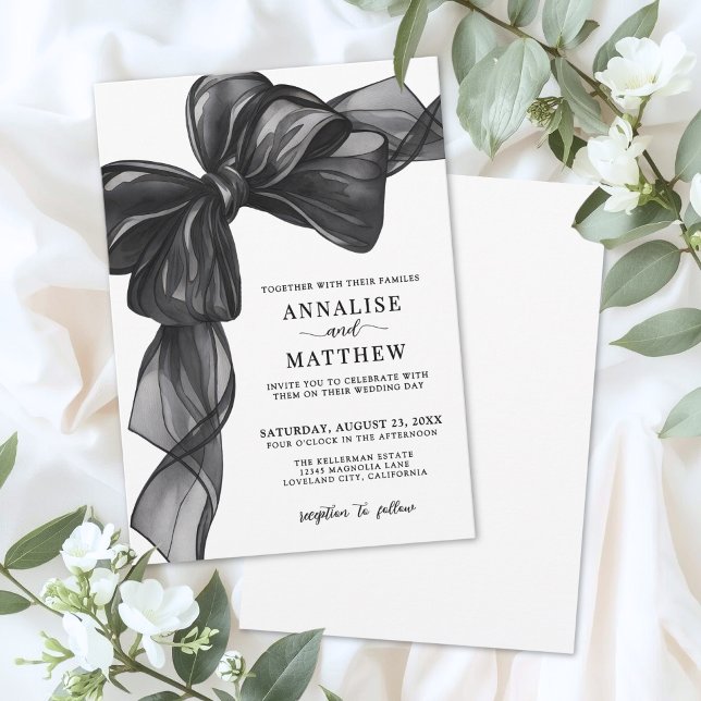 Convite Arco Elegante Preto e Branco de Casamento (Elegant Bow Black And White Wedding Invitation)