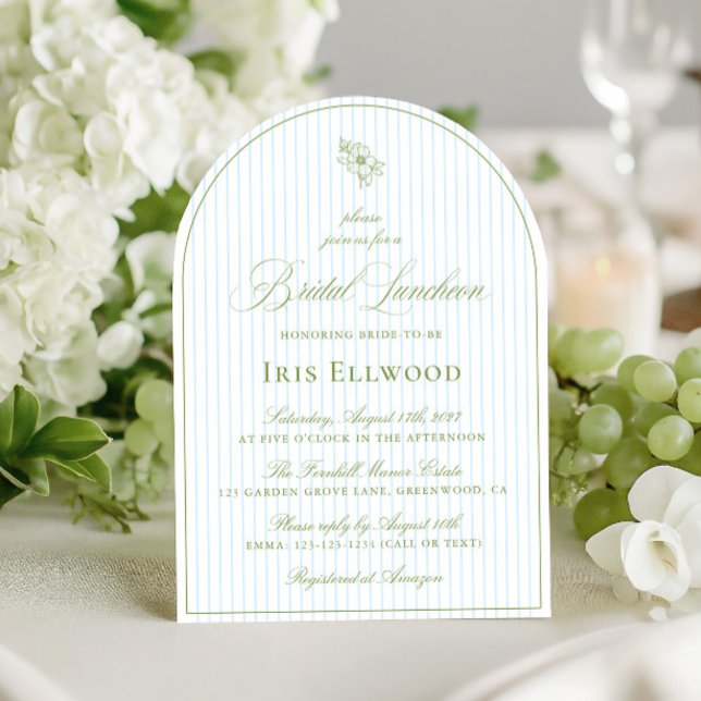 Convite Arco Elegante Sage Verde e Azul Almoço de Noivado (Elegant Arch Sage Green & Blue Bridal Luncheon Invitation)