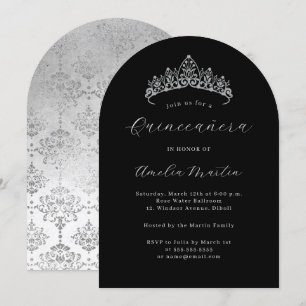 Convite Arco Elegante Tiara Preto Prata Quinceanera