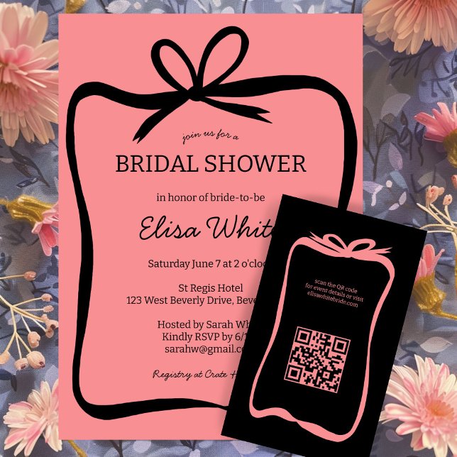 Convite Arco Fita de Fita Elegante Chá de panela PERSONALI (Bow Ribbon Frame Elegant Bridal Shower CUSTOM Invitation Pink BLack )
