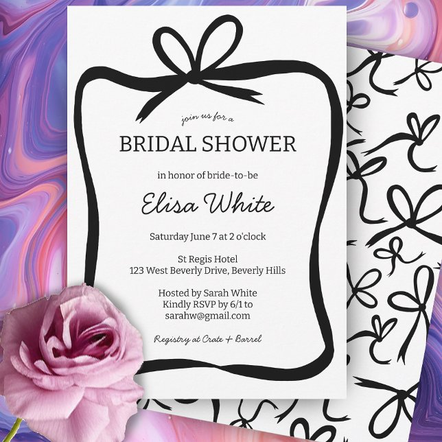 Convite Arco Fita de Fita Elegante Chá de panela PERSONALI (Bow Ribbon Frame Elegant Bridal Shower CUSTOM Invitation
Black and White Simple Cute Party Invite )