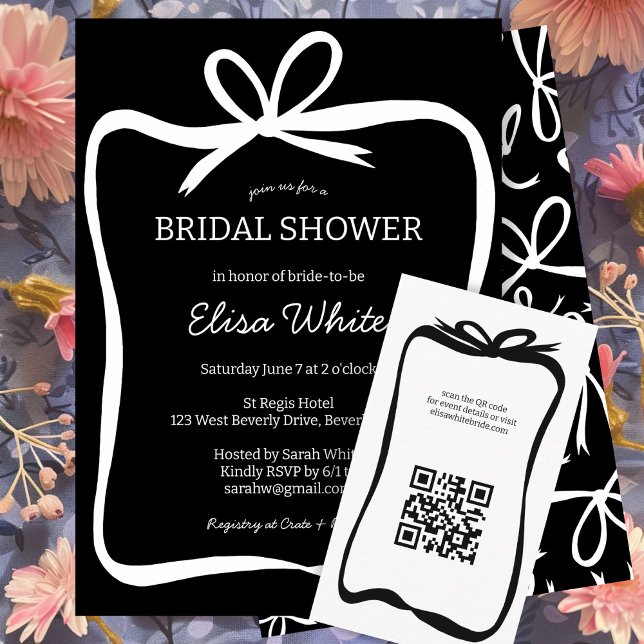 Convite Arco Fita de Fita Elegante Chá de panela PERSONALI (Bow Ribbon Frame Elegant Bridal Shower CUSTOM Invitation Black and White Simple Minimalist)