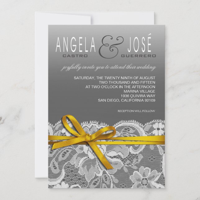 Convite Arco Fita & Renda Casamento | cinza amarelo (Frente)