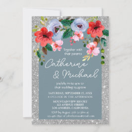 Convite Arco Floral Aquarela com Brilho Prata Azul Empoeir