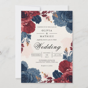 Convite Arco Floral Azul Burgundy Profundo Casamento