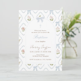 Convite Arco Floral Azul Elegante Batismo de Menina Cristã