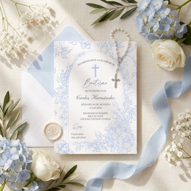 Convite Arco Floral Azul Elegante Bautismo  (Criador carregado)