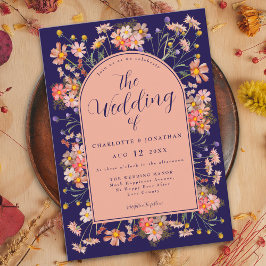 Convite Arco Floral Azul Marinho Elegante Casamento de Out