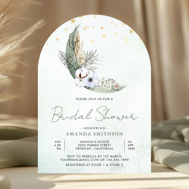 Convite Arco Floral Boho Verde Salvia Festa de Noivado Lua (Criador carregado)