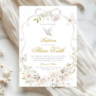 Convite Arco Floral Branco Coquette Pombo Batismo
