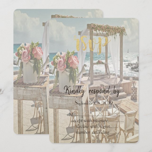 Convite Arco Floral Casamento Retro Praia RSVP  (Frente/Verso)