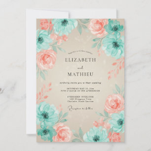 Convite Arco Floral Coral Teal Florescimento Casamento
