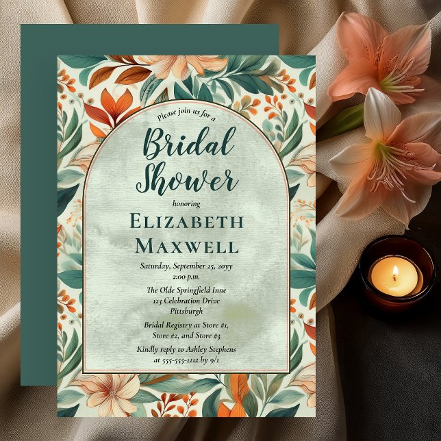 Convite Arco Floral de Chá de Bebê Botânico Suave (Soft botanical bridal shower invitation with peach florals and elegant garden arch design)