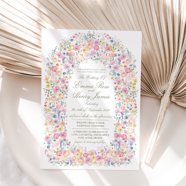 Convite Arco Floral de Flores Silvestres de Prado Casament (Meadow Wildflower Floral Arch Cottagecore Wedding Invitation)