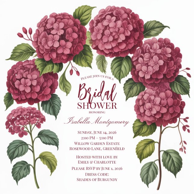 Convite Arco Floral de Hortênsia Borgonha Ilustrado (Illustrated Burgundy Hydrangea Floral Arch Invitations
)