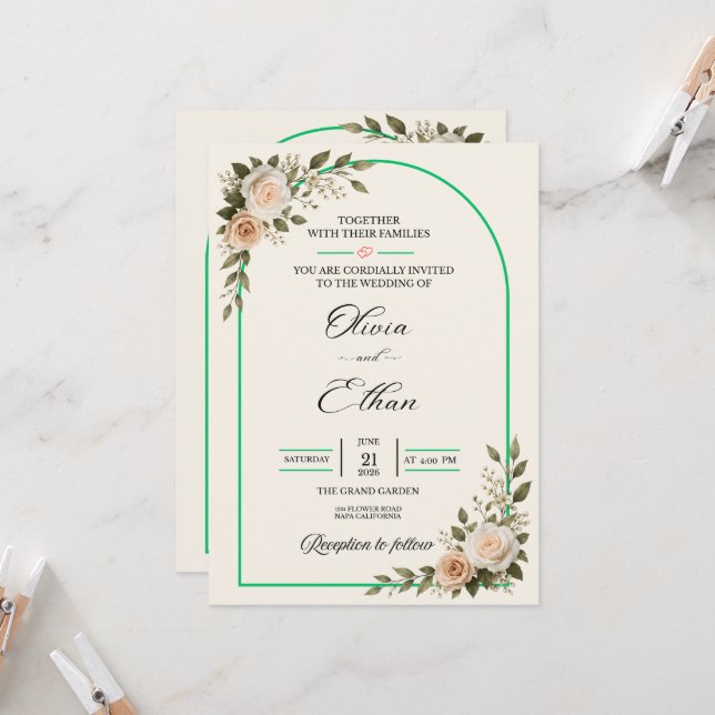 Convite Arco Floral de Verde Elegante Casamento (Frente/Verso In Situ)