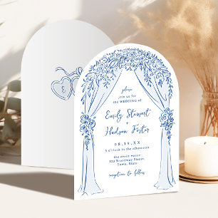 Convite Arco Floral Desenhado à Mão Azul Casamento Caprich