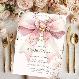 Convite Arco Floral Elegante Cruzes Douradas Rosas Batismo