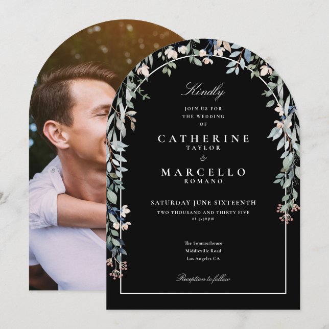 Convite Arco Floral Foto Casamento Preto e Branco (Frente/Verso)