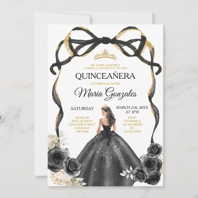 Convite Arco Floral Negro Princesa Dourada Quinceañera (Frente)