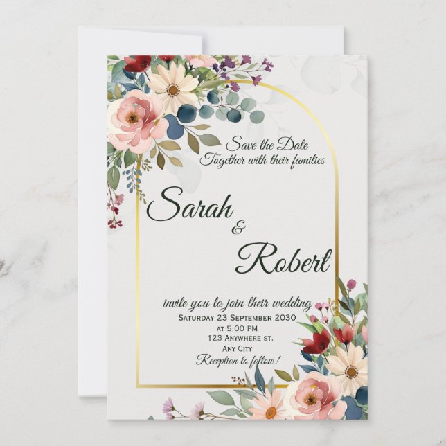 Convite Arco Floral Romântico em Dourado Casamento Salve a (Frente)