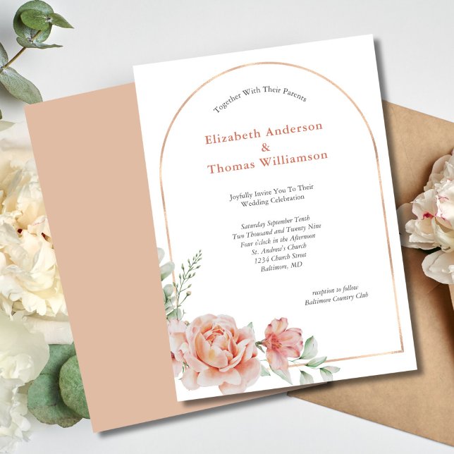 Convite Arco Floral Rosa Bege Elegante Casamento (Peach Floral Elegant Modern Arch Wedding invitation)