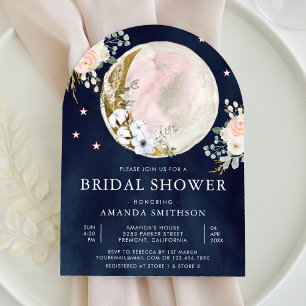 Convite Arco Floral Rosa Bege Lua Azul Marinho Chá de Bebê