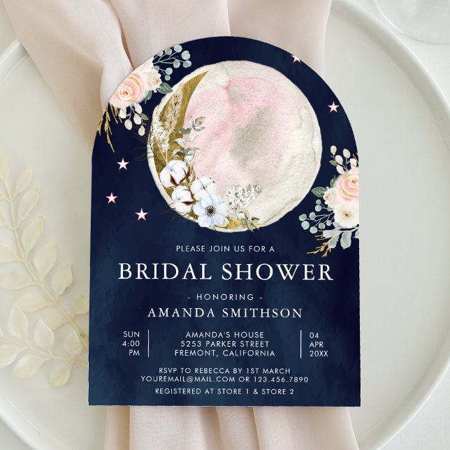 Convite Arco Floral Rosa Bege Lua Azul Marinho Chá de Bebê (Criador carregado)