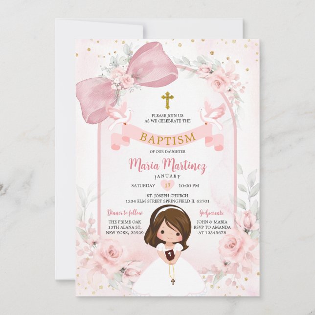 Convite Arco Floral Rosa Bege Menina Baptismo (Frente)