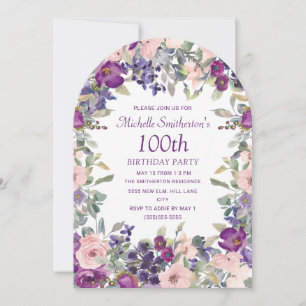 Convite Arco Floral Rosa Bege Roxo Aniversário de 100 anos